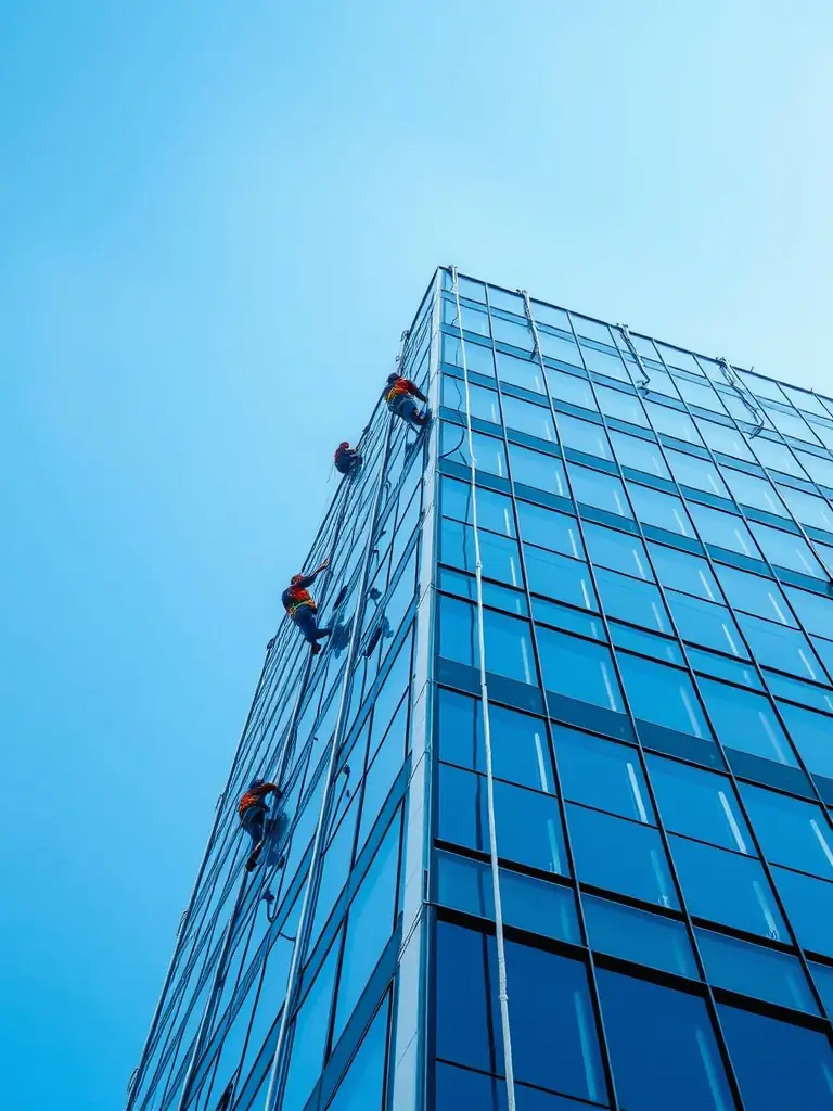 A high-rise building with a window cleaning team using safety harnesses, illustrating expertise in high-rise cleaning.