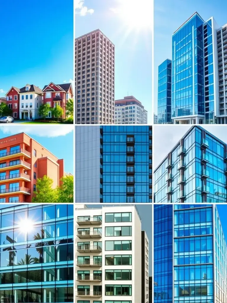 A collage of buildings with sparkling clean windows, representing the comprehensive services of Mitchoken.cz.