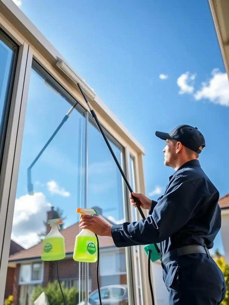 A professional window cleaner using a squeegee on a large residential window, demonstrating exceptional clarity and shine.