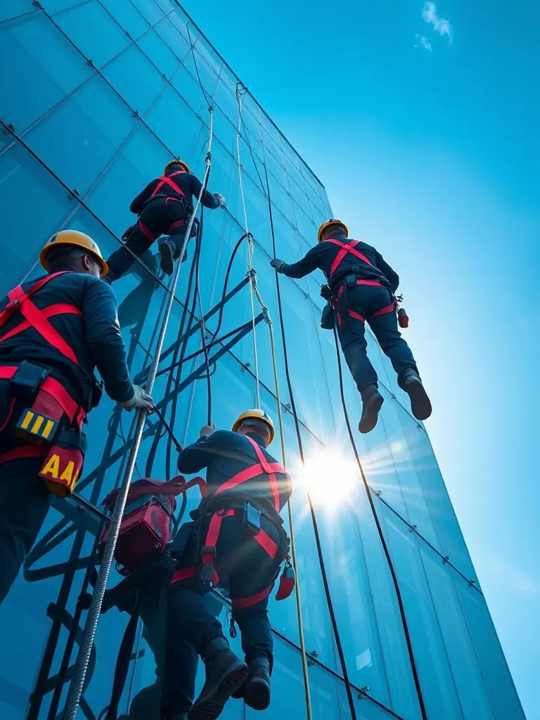A team of window cleaners using advanced equipment on a commercial building, showcasing efficiency and safety.